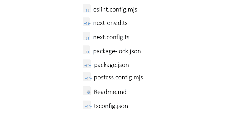 7 of the 8 default top level files of a Next.js 15 project (excluding the .gitignore file)